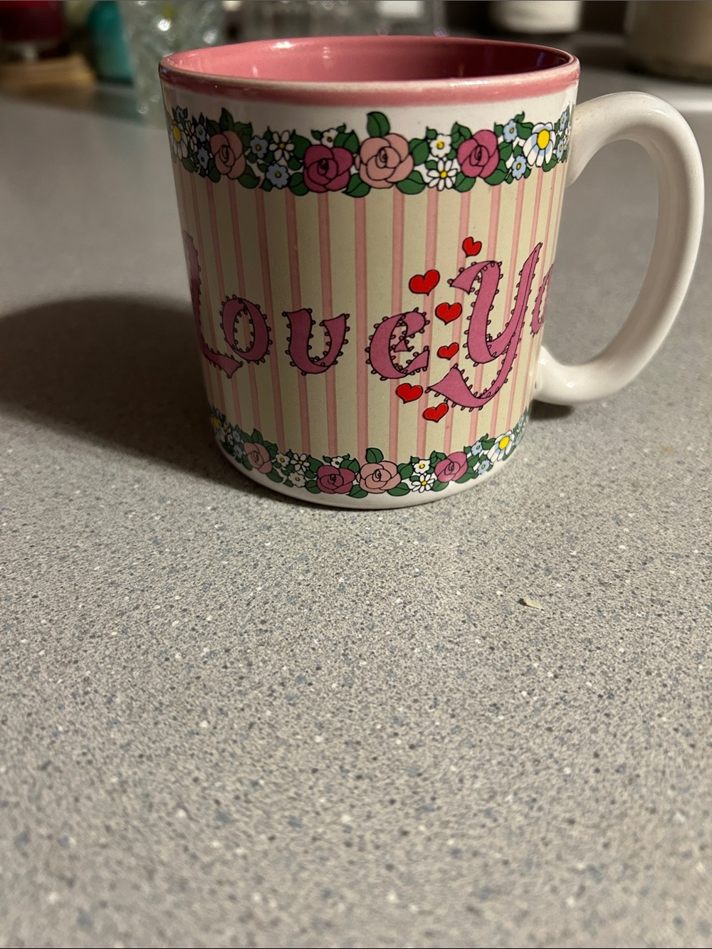 Peaches 12oz Love Ya - Vintage Mug - White Ceramic Base - Pink Love Ya Logo